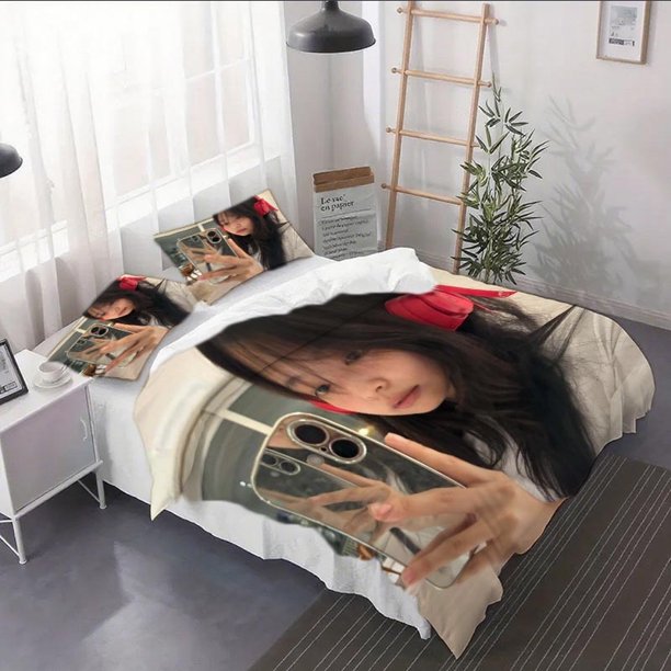 3pcs Little Cat Jennie Mirror Photography Duvet Cover Set - Soft And Breathable Bedding for Bedroom Decor Suitable for Teen Home Decoration