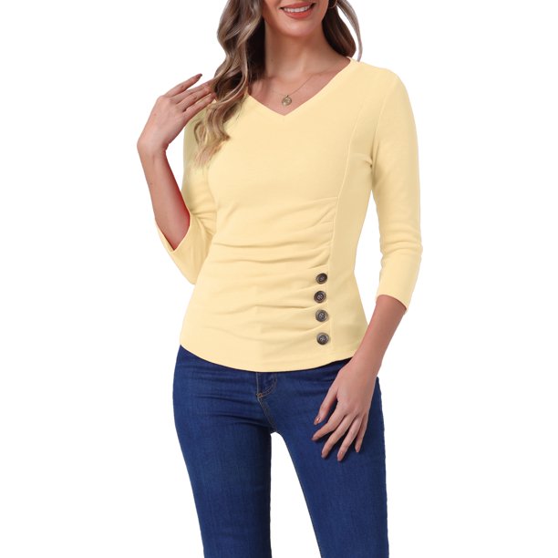 INSPIRE CHIC Blusa Fruncida con Botones Decorativos para Mujer Regreso a Clases Cuello en V Manga 3/4 Top de Punto Sólido Albaricoque XL