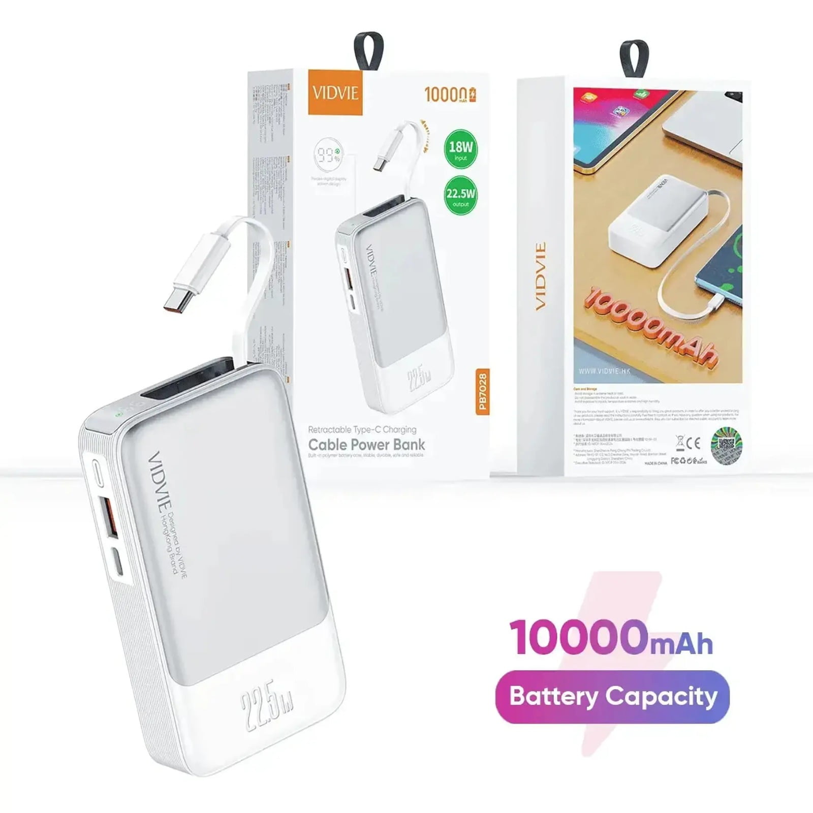 Power Bank Vidvie 10000 Mah Retractable Type-c Charging Cable Power Bank Pb7028