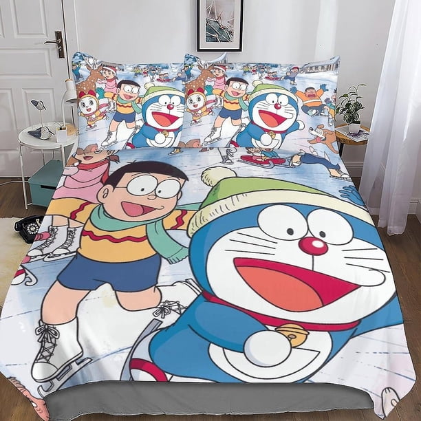 Juego de ropa de cama Doraemon Funda nórdica 3D Lindo edredón de anime Suave Microfibra Juego de ropa de cama con funda de almohada, para adolescentes y adultos 3