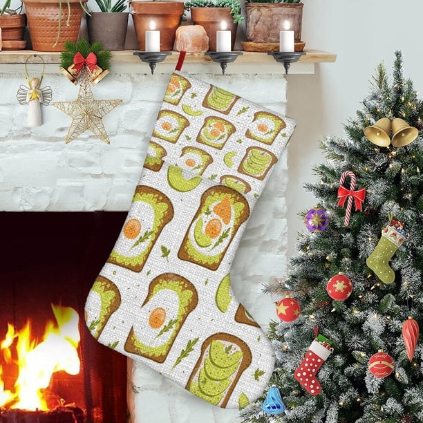 Pan Tostado Tema: Calcetines de Navidad, fino lino blanco para colgar en escaleras y chimenea, decoración navideña para el hogar, regalo de Navidad. 45cm × 32cm