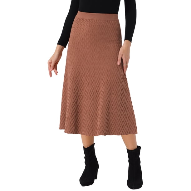 INSPIRE CHIC Falda de Punto A-Line para Mujer con Cintura Alta Elástica y Estirable, Falda Midi de Suéter M Caramelo