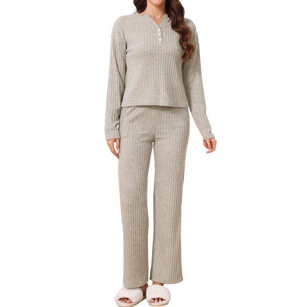 INSPIRE CHIC Conjunto de Pijama para Mujer de Manga Larga con Cuello Henley Acanalado, Cintura Elástica, Pantalones de Pierna Ancha con Cordón, 2 Piezas para Estar en Casa, Talla L, Caqui