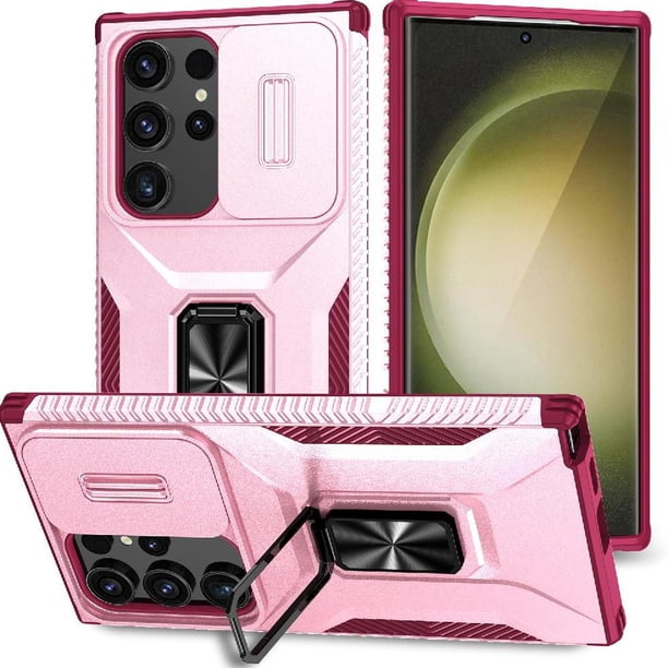 Funda Armada para Samsung Galaxy S24 Ultra con Tapa Deslizante y Soporte Magnético Giratorio Rosa