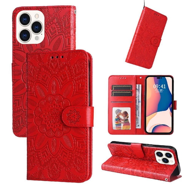 Funda tipo cartera FOXDOCK para iPhone 14 Pro Max , diseño girasol en relieve, cuero PU, cierre magnético, soporte y tarjetero