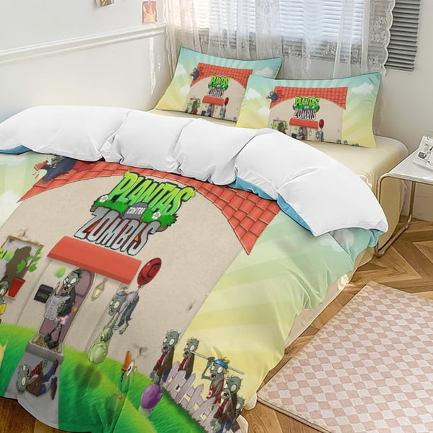 Plants Vs Zombies Quilt Set Thicken Soft 3 Pieces Bedding Set All Season Duvet Cove with 2 Pillowcases for Adult Women Girls Teens Home Room Decor