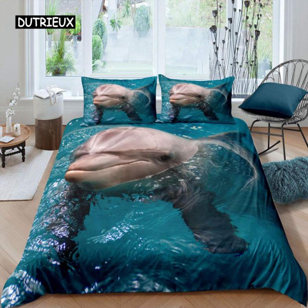 x1000 Bed Sheets Dolphin In Blue Sea Size Bedding Sets Animal Quilt Duvet Cover Set Kids Adult Bed Polyester Bedclothes 3-Piece Bedding Set (1 Duvet Cover + 2 Pillow Shams) nj1000