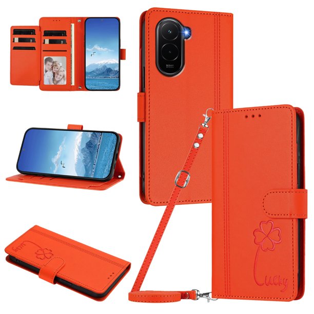 Funda Cartera Trébol para Xiaomi Poco M7 4G con Ranuras Tarjetas y Carga Inalámbrica Naranja