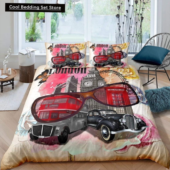 x1847 Bed SheetsLondon Telephone Booth Duvet Cover The Big Ben Bedding Set Retro United dom Quilt Cover Red Grey Comforter Cover 3-Piece Bedding Set (1 Duvet Cover + 2 Pillow Shams) nj1847