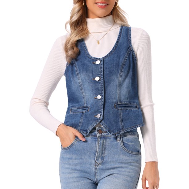 INSPIRE CHIC Chaleco de Jean para Mujeres Sin Mangas Cuello en U Abotonado Bolsillos Chalecos Occidentales Top Chaleco de Mezclilla Recortado XS Azul