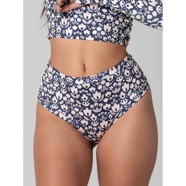 Bottom de Bikini Daikiri Mujer Calzón Tiro Alto Sin Elasticos Floral Marino Crema Protección UV50+