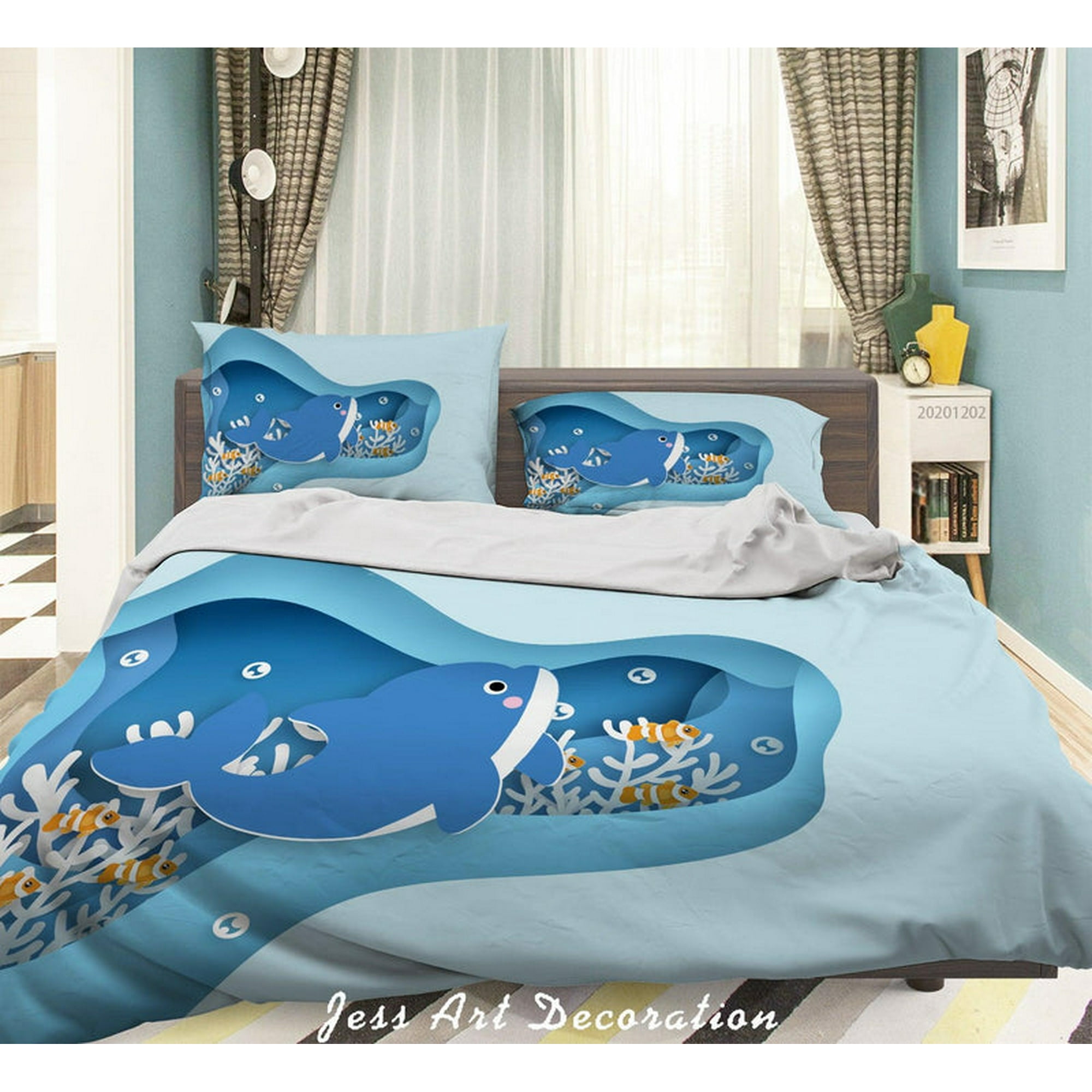 Milsleep - 3d Dibujos Animados Dibujado A Mano Azul Océano Ballena Pez Coral Funda De Edredón Set Ropa De Cama Set