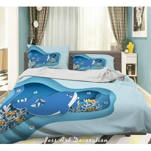 Milsleep - 3D Dibujos Animados Dibujado A Mano Azul Océano Ballena Pez Coral Funda De Edredón Set Ropa De Cama Set