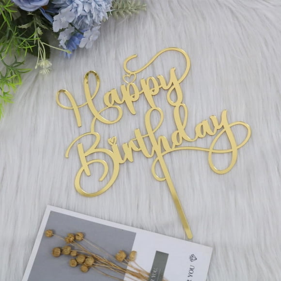 Adorno Para Pastel Feliz Cumpleaños Acrílico Dorado Con Brillo