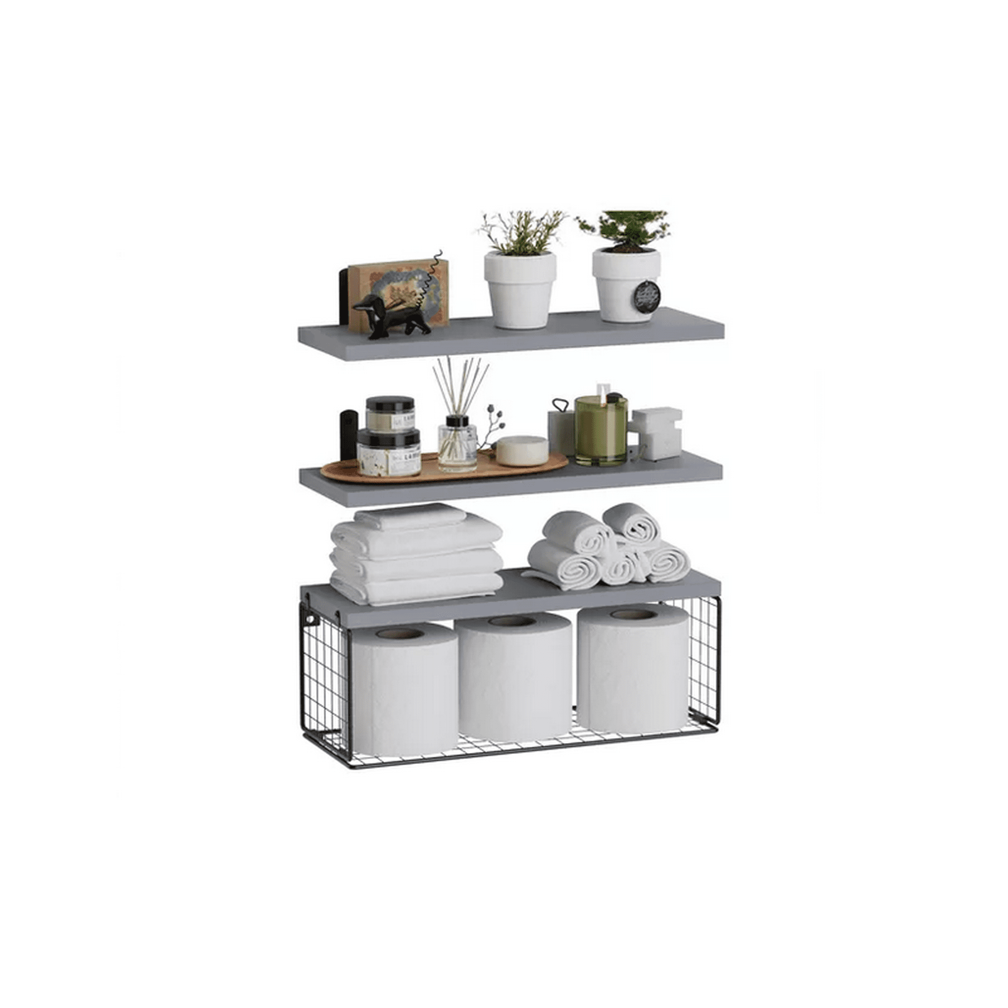 Genérico - Repisas Flotantes De Madera Modernas X3 Con Reja 100% Pino Gris