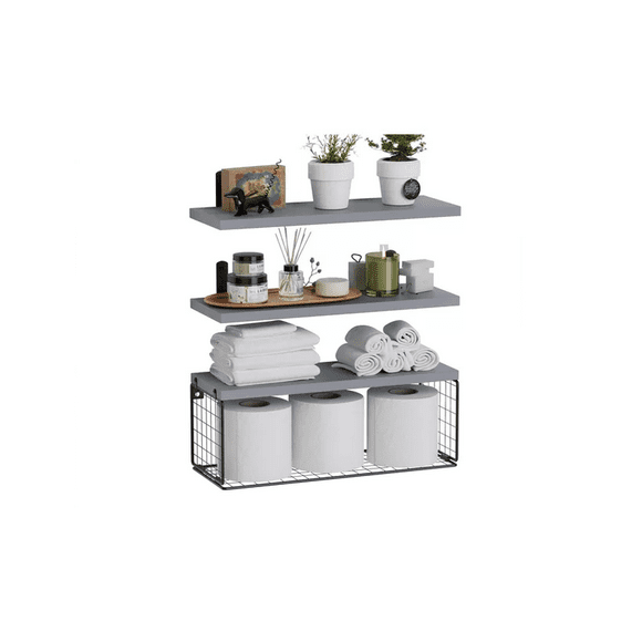 Repisas Flotantes de Madera Modernas X3 con Reja 100% Pino Gris