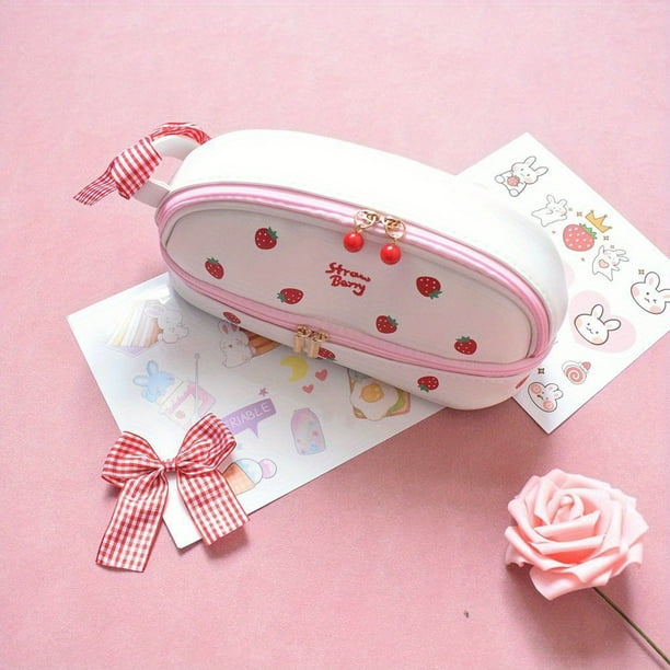 Double-Layer Kawaii Cherry and Strawberry Pencil Case - Large Capacity Portable Stationery Bag for School Supplies