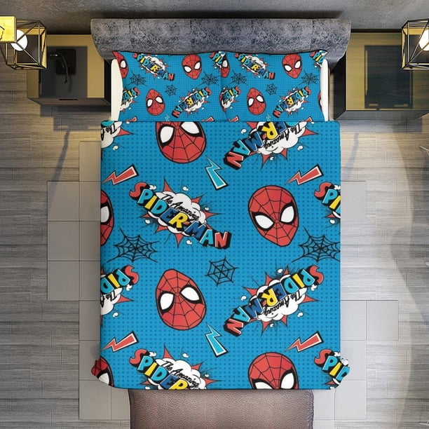 Cartoon Spider-Man 3 Piece Sets Full/Queen Size - Reversible Microfiber Quilts with 2 Shams Soft Lightweight Bedspread Coverlet Comforter for All Season Bed Sheets