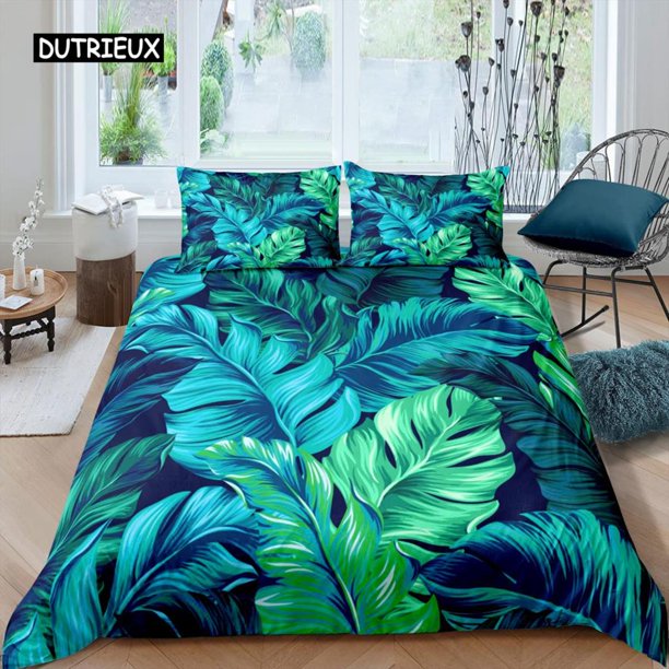 x590 Bed SheetsPalm Leaves Duvet Cover Full Banana Leaves Bedding Set Hawaiian Tropical Leaves Green Branches /Polyester Quilt Cover 3-Piece Bedding Set (1 Duvet Cover + 2 Pillow Shams) nj590