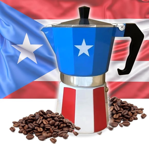 Cafetera PRK 14 de Puerto Rico – Cafetera Moka de Aluminio con Diseño de la Bandera Puertorriqueña | Espresso Tradicional para Cocina en Estufa Auténtico Café Boricua