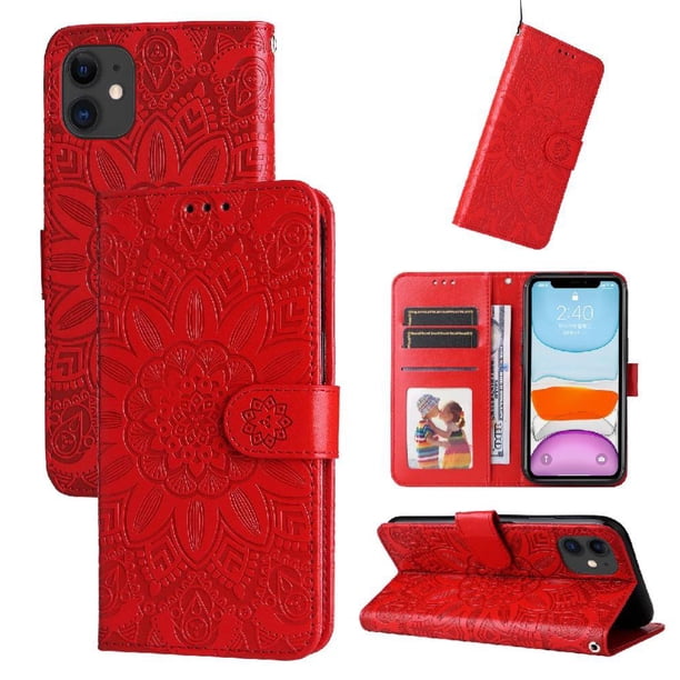 Funda tipo cartera FOXDOCK para iPhone 11 , diseño girasol en relieve, cuero PU, cierre magnético, soporte y tarjetero