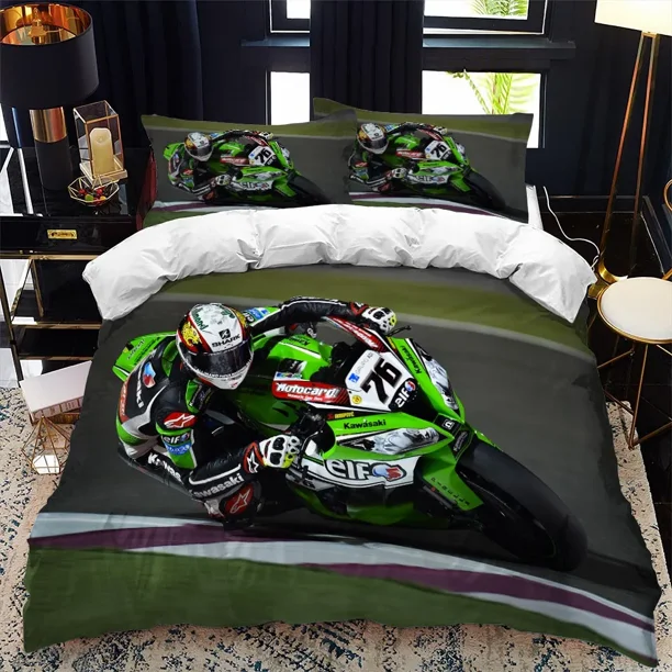 Motorcycle Rider Bed Duvet Cover Set Calico Twin Size Comforter Cover Bedding Set Single Soft Polyester Quilt Cover Bed Sheets