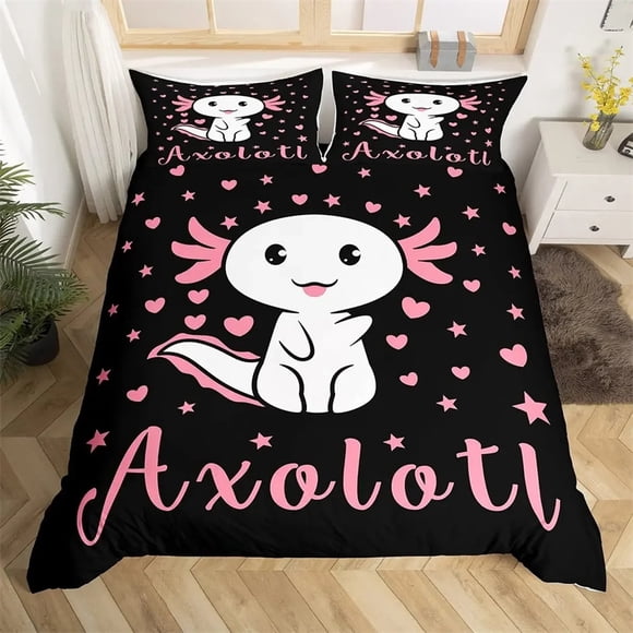 Cartoon Axolotl Duvet Cover Set/ Kids Girls Boys Cute Rainbow Sea Wildlife Animal Reptile Polyester Bedding Set