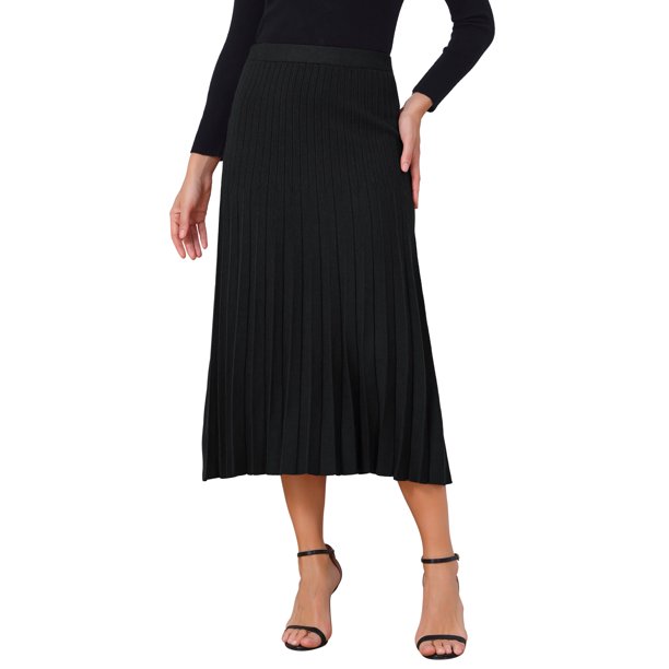 INSPIRE CHIC Faldas plisadas para mujer con cintura alta elástica, falda midi de punto acanalado en línea A, suéter elástico, otoño invierno, exterior, L negro