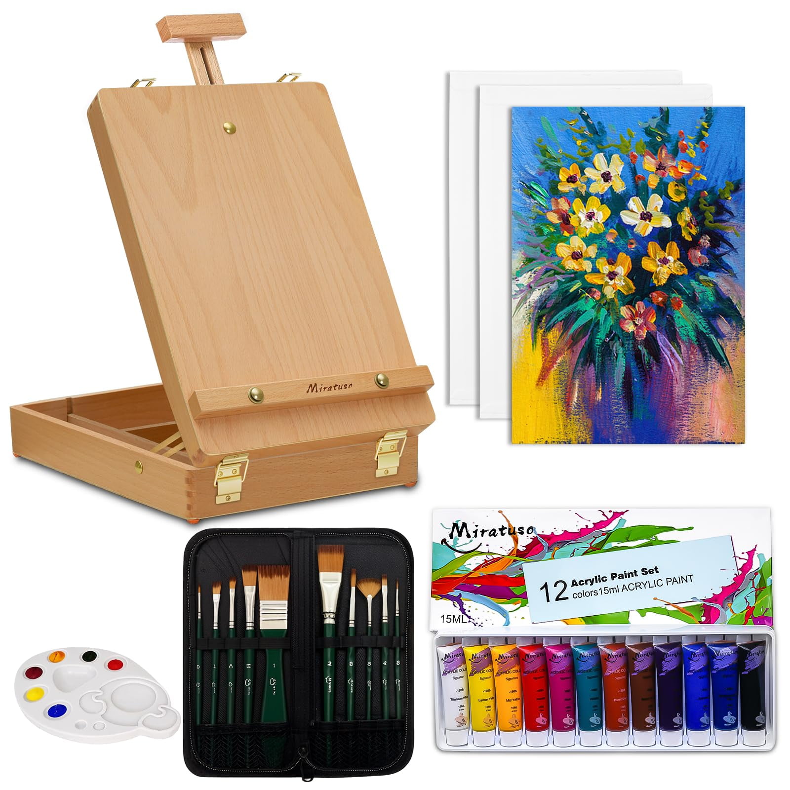 Art Set Miratuso Deluxe Con Caballete De Mesa, 12 Pinturas Acrílicas