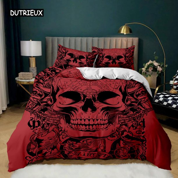 x2037 Bed SheetsSkull Duvet Cover Set Horrible Skeleton Bedding Set Bedclothes Halloween Gothic Horror Polyester Quilt Cover 3-Piece Bedding Set (1 Duvet Cover + 2 Pillow Shams) nj2037