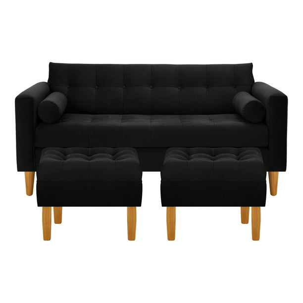 Sofa Retro 3c + 2 Pouf Felpa 04 Negro