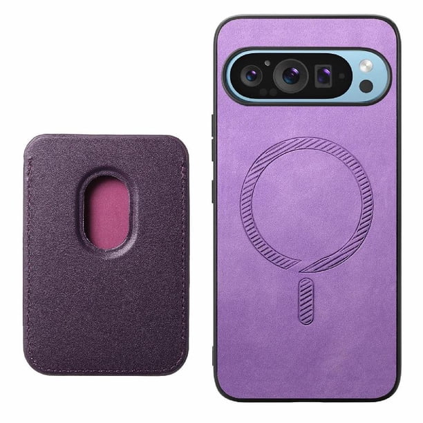 Funda de Cuero Magnética con Tarjetero para Google Pixel 9 Cubierta Delgada Morado