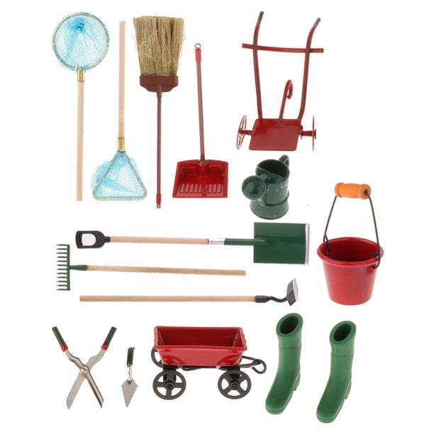 Juego de 14 herramientas de jardinería de simulación 1:12, muebles pequeños para casa, adornos para manualidades DIY, casa de muñecas, multiherramient