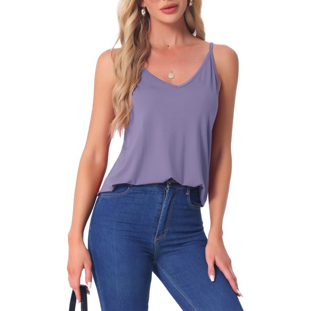 INSPIRE CHIC Camisolas sin mangas para mujer de regreso a clases, pijamas, capa base, tirantes finos, camiseta sin mangas con cuello en V para dormir, M Morado