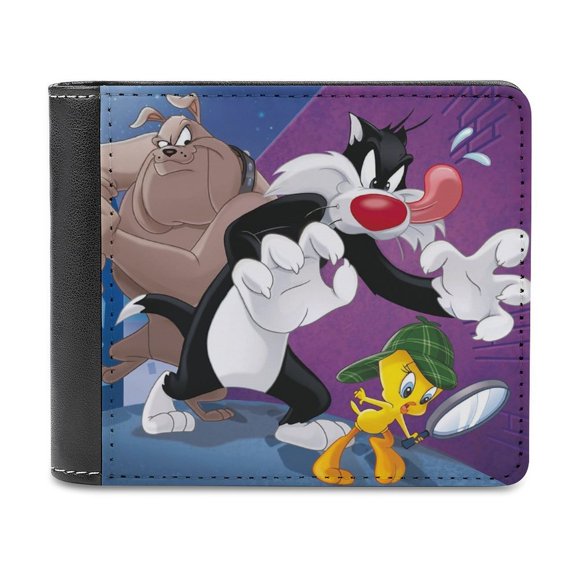 Sylvester y Piolín Cartera de Cuero PU para Hombres, Tarjetero Bifold Delgado, Cartera Minimalista de Cuero Sintético Suave