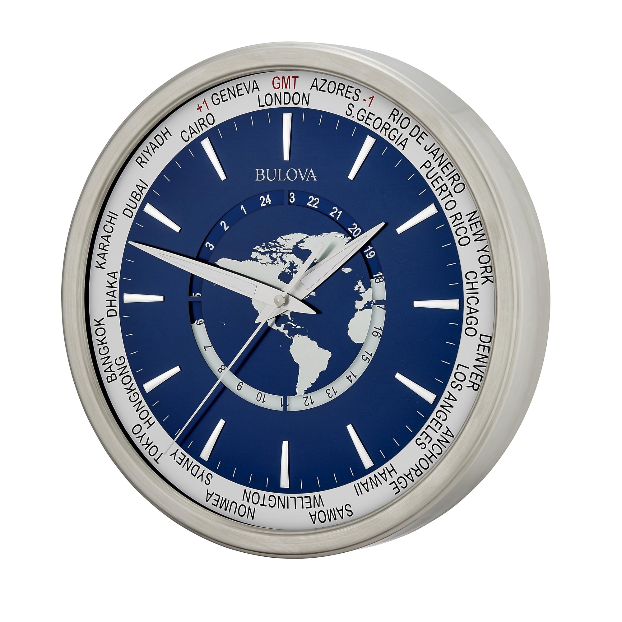 Reloj De Pared Bulova C4380 International 34,5 Cm Con Hora Mundial Azul