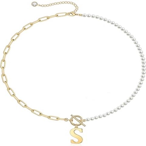 Collar Heshpaws Gold Initial Pearl 14K Gold Plated Paperclip Link Cadena Ajustable