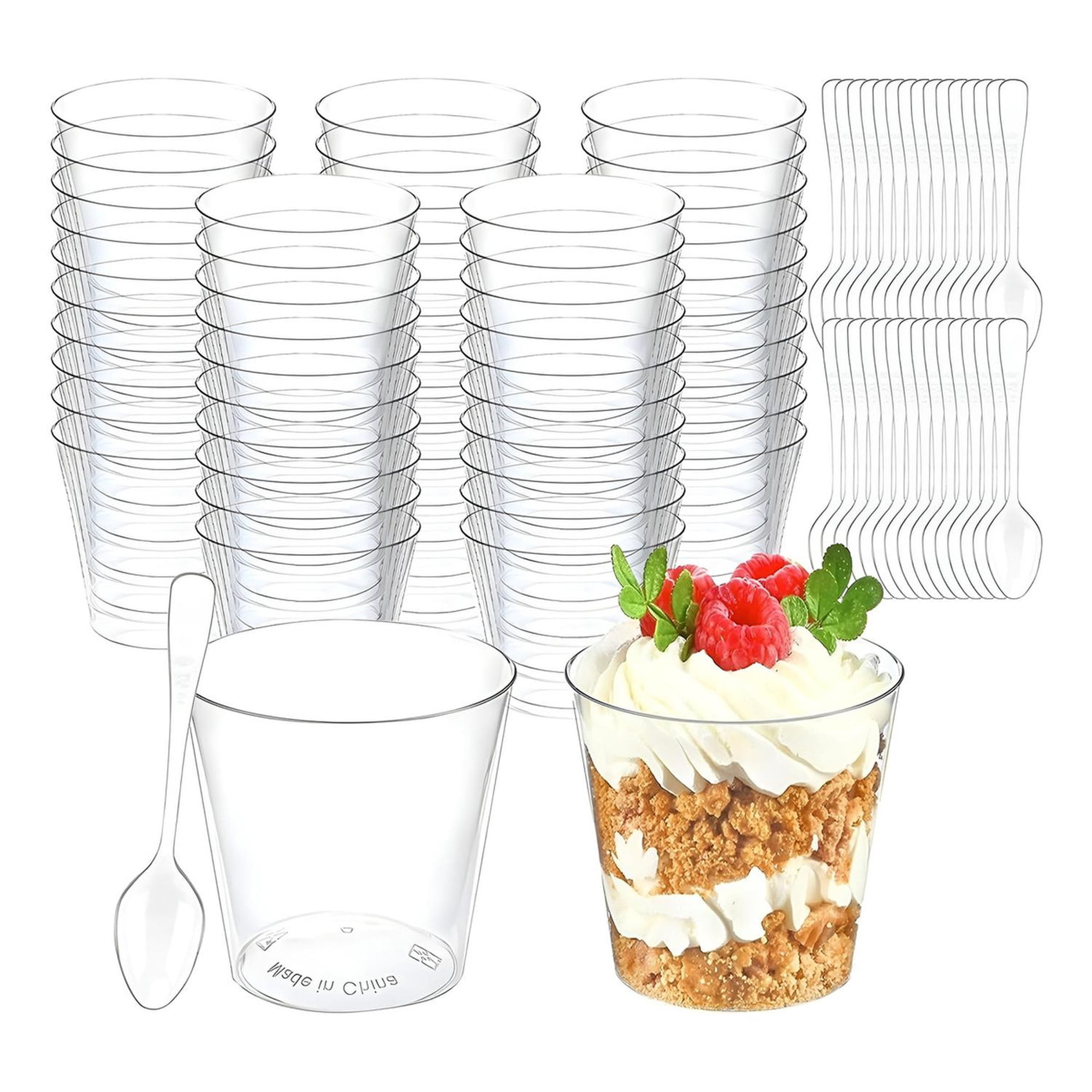 Pasteleriuscl - Pack X50 Vasos Postres + 50 Cucharas Postres Desechables Trasnparente / Vasos Postres Y Cucharas