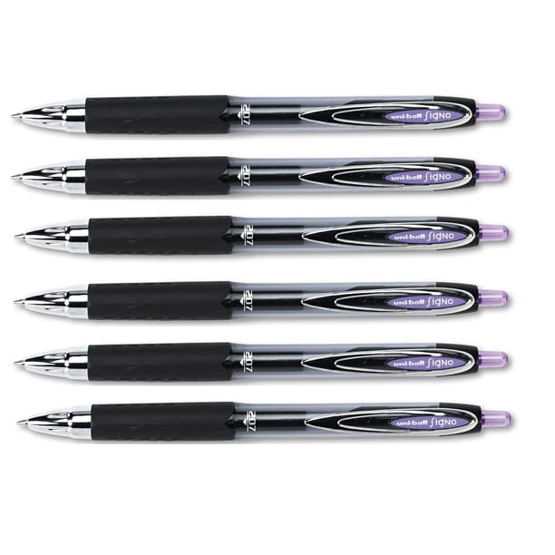 Bolígrafos de tinta de gel retráctiles Uni-Ball Signo 207 de 0,7 mm, color morado, paquete de 6