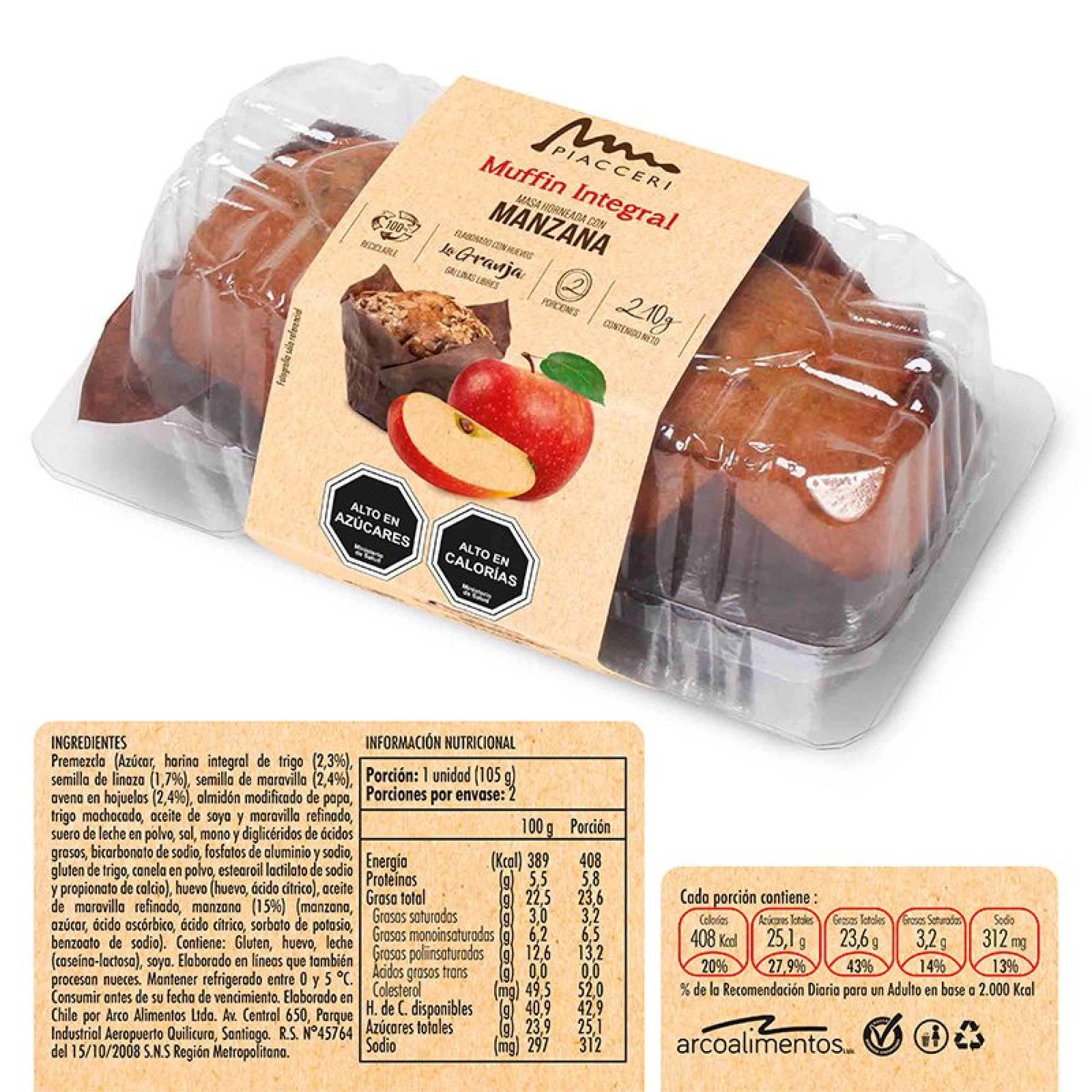 Muffins Integral Manzana 2 Un 210 gr Piacceri