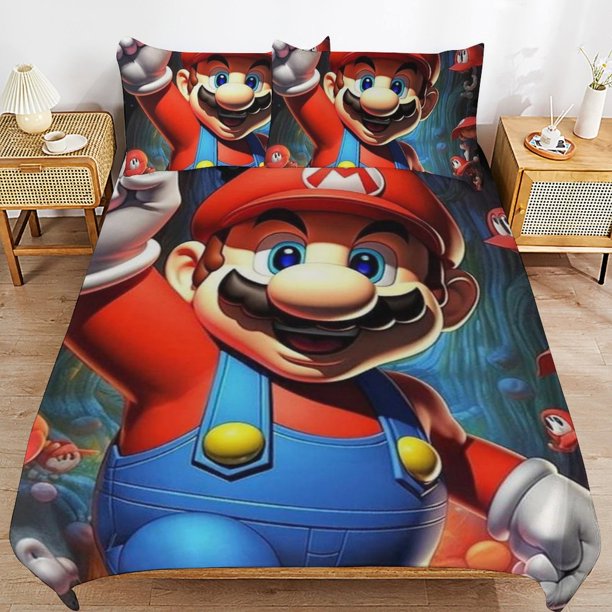 Super Mario 3-Piece Comforter Set for Bedroom Super Mario Bedding Set for Kids Adults Soft Microfiber Duvet Cover Set with Zipper Closure