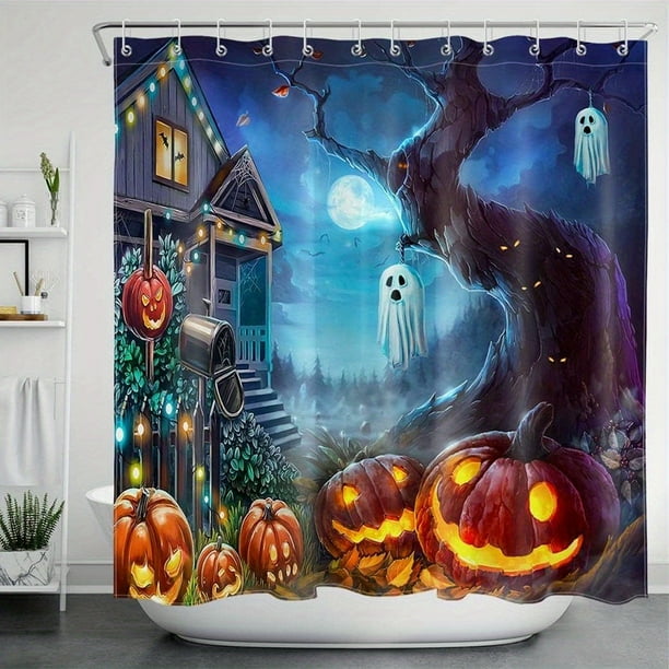 1pc Scary Halloween Shower Curtain - Witch Pumpkin, Ghost, Skull, Butterfly, Death Moth Fabric - Waterproof - 72 x 72 Inches - Perfect for Kids and Boys Bathroom