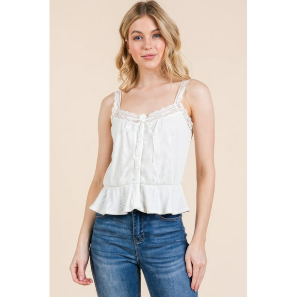 Top Camisola de Canalé con Lazo Delantero y Peplum de Encaje