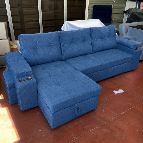 Sofá Cama ELE de 3 Metros con confortables Puff baul Chenillle Azul