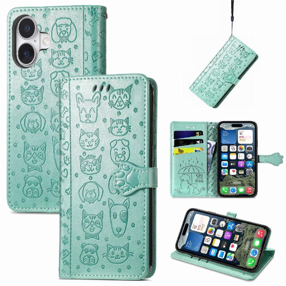 Funda Cartera Foxdock Para Iphone 17 , Flip Pu Con Relieve De Gatos Y Perros, Tarjetero Y Soporte