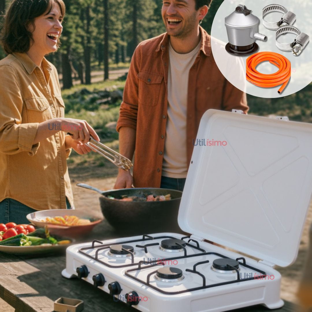 Line - Cocina Encimera A Gas Licuado 4 Platos + Kit De Instalación Cocinilla Blanco