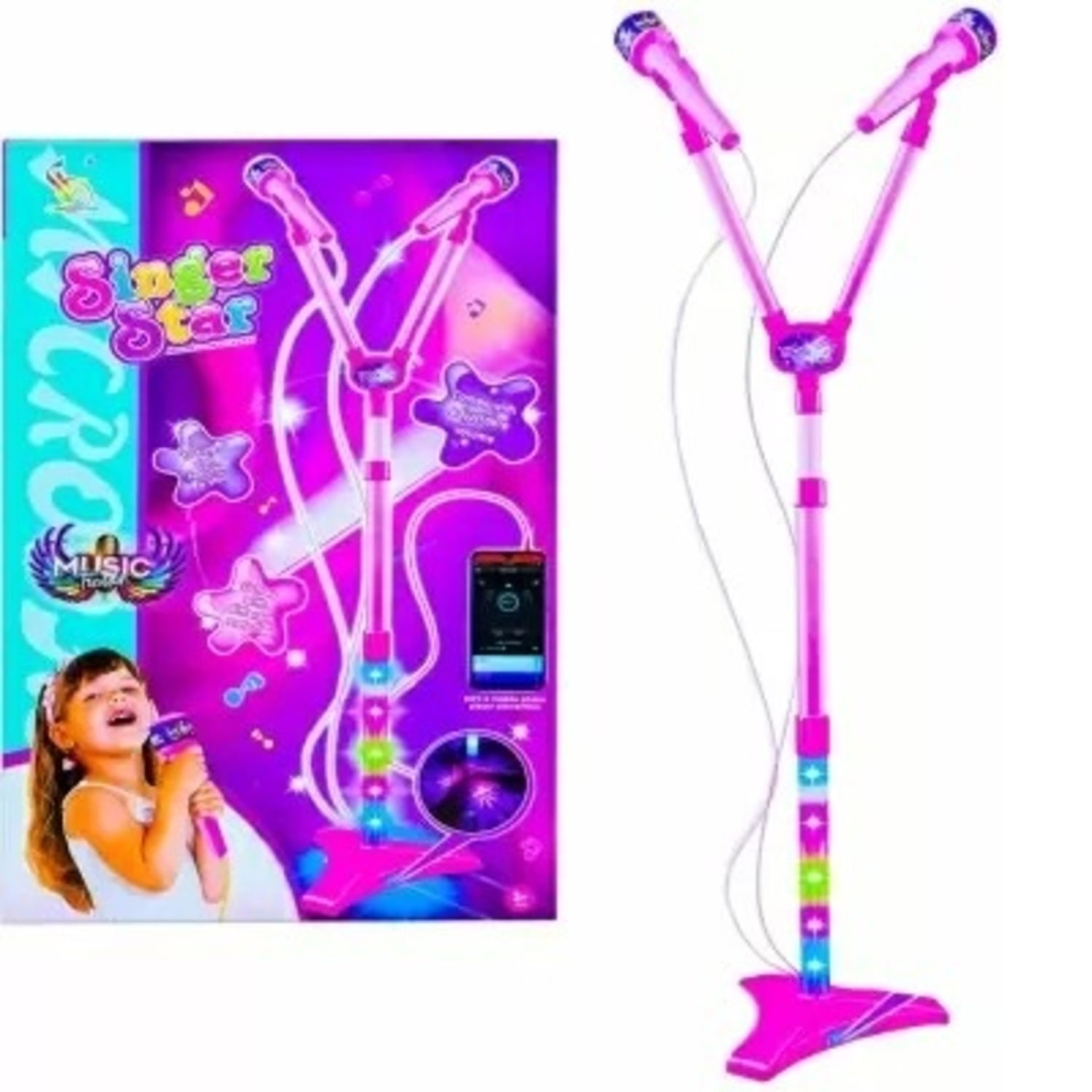 Genérico - Pack X 3 Micrófono Doble De Juguete Con Pilas Y Soporte