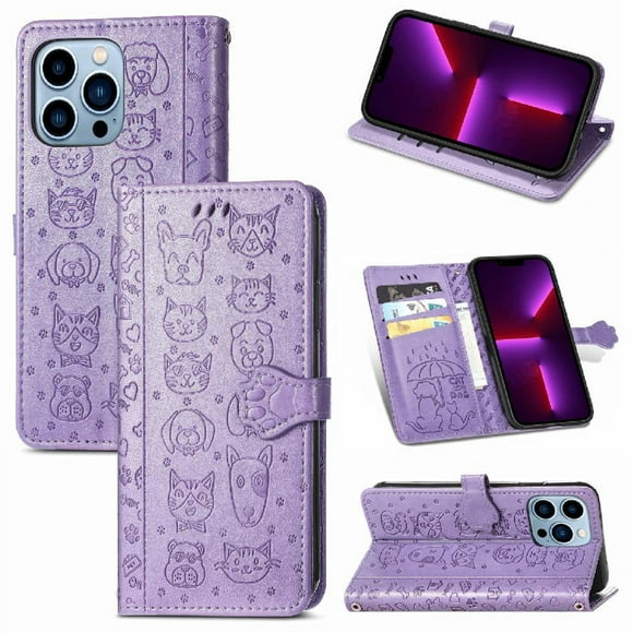 Funda Cartera FOXDOCK para iPhone 13 ProMax , Flip PU con Relieve de Gatos y Perros, Tarjetero y Soporte
