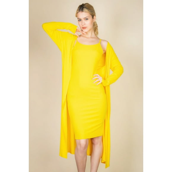 Cárdigan de Canalé y Vestido Midi Ajustado con Tirantes Finos