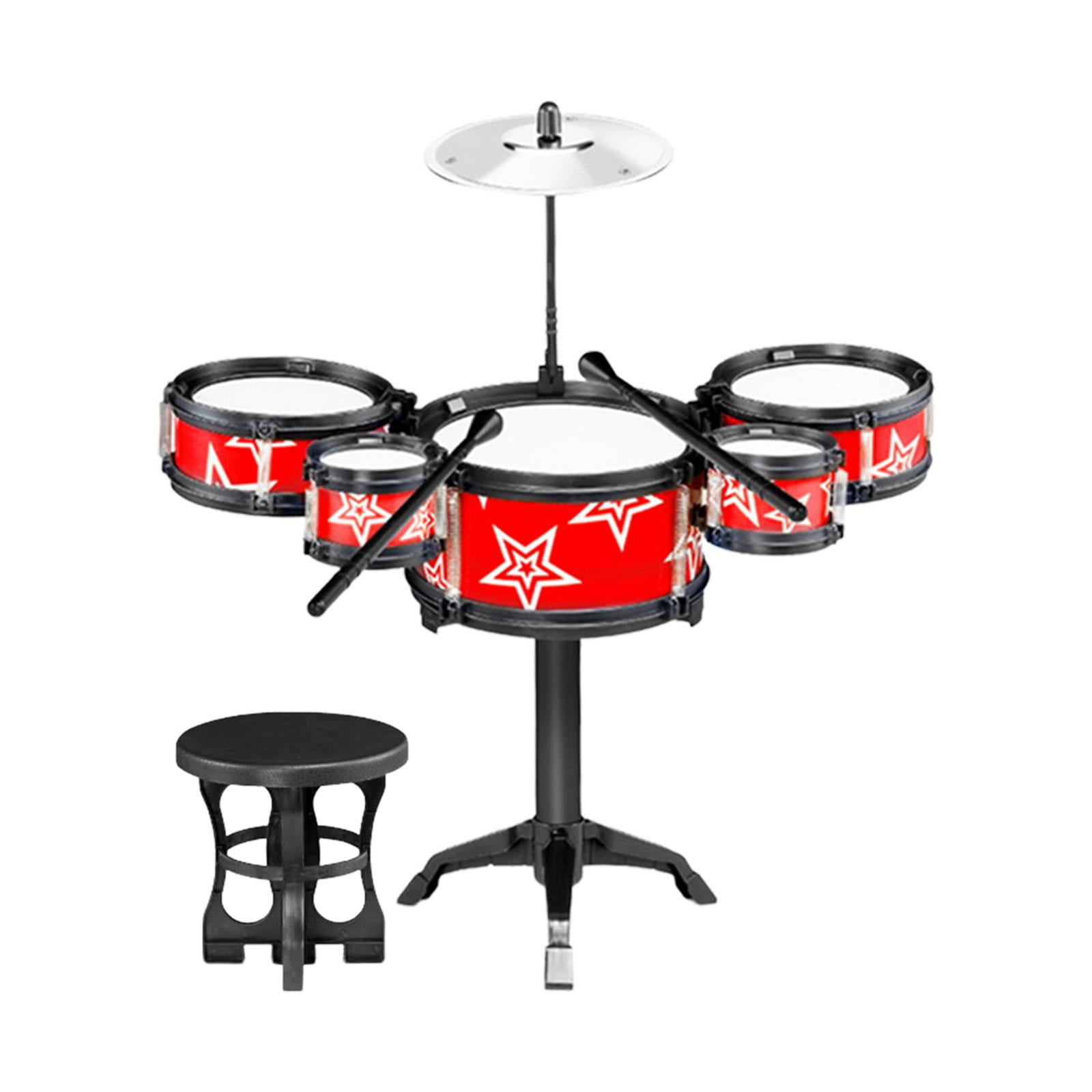 Bothyi - Simulación De Juguetes De Tambor Para Niños, Juegos De Batería De Jazz Para Niños, Regalos De Vacaciones, Color Rojo Con Silla
